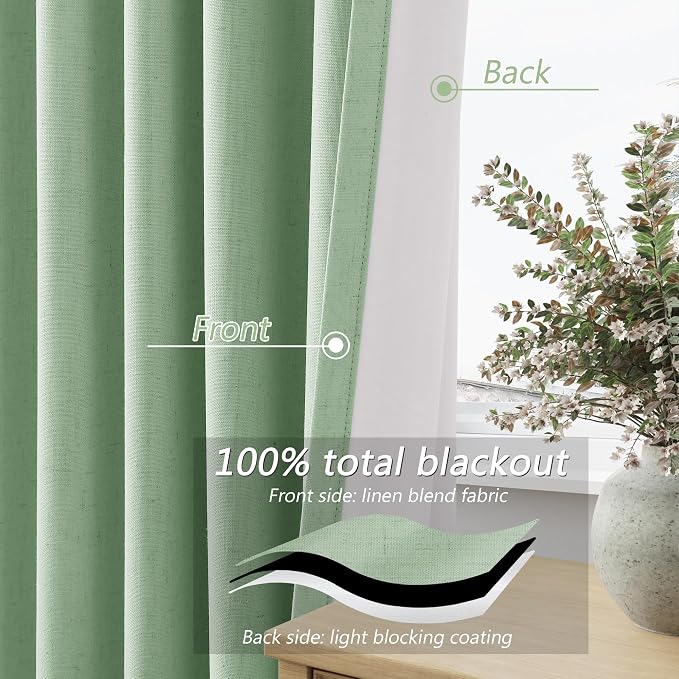 Guken Aqua Green 100% Blackout Linen Curtains 80 Inch Length 2 Panels Set - Image 4