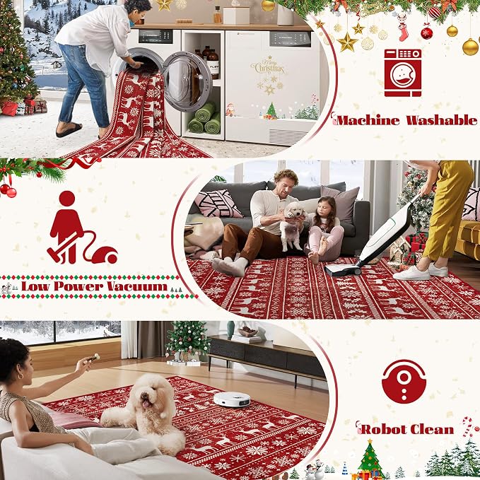 Christmas Rug 8x10 Washable Rugs, Boho Christmas Tree Snowflake Rug Non-Slip - Image 4