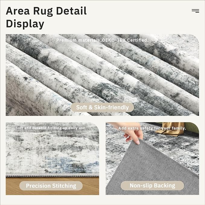 Abstract Rug 5x7 Machine Washable Area Indoor Grey Low Pile Non-Slip Foldable - Image 6