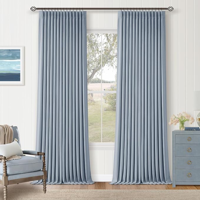 Blue Pinch Pleated Linen Blackout Dual Layer Curtains 108 Inches Length | Light by Twodrapes