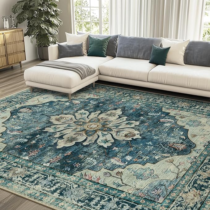 Area Rugs 8'x10' Washable Non-Slip, Floral Vintage Distress Print Pattern by RELEANY