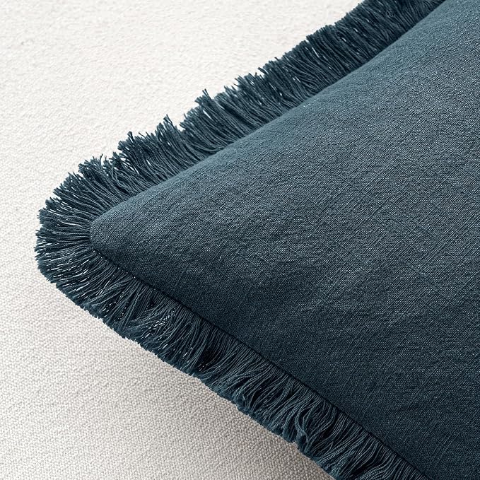 MIULEE Linen Fringe Decorative Lumbar Throw Pillow Covers Navy Blue 12x20 | Set - Image 3