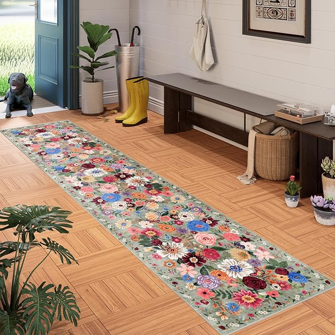 Floral Hallway Runner Green Carpet Non-Slip, 2x10 Washable Rug Ultra-Thin Soft - Image 2