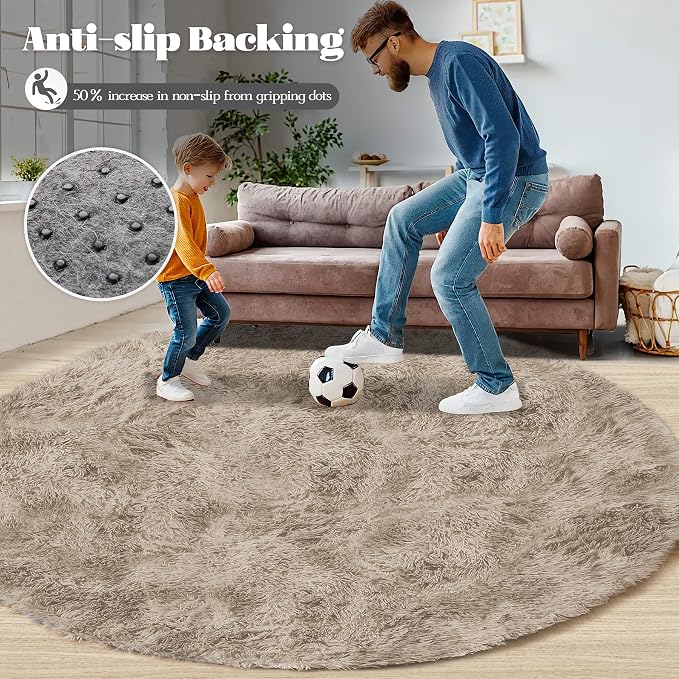 Camel Round Rugs for Bedroom: 4ft Circle Fluffy Shag Soft Washable Rug Small - Image 5