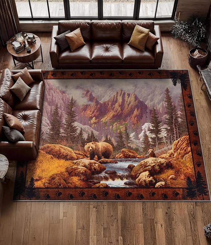 YIHOUSE Rustic Cabin Area Rug for Bedroom 6x9, Machine Washable Woodland Bear by YIHOUSE