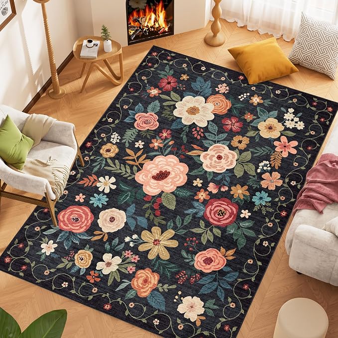 DUKINO 8x10 Area Rugs, Floral Washable Living Room Rug Non Slip, Stain Resistant - Image 2