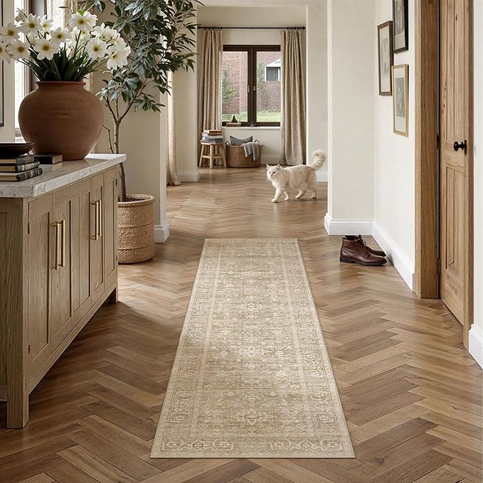 2x6 Washable Runner Rug for Hallway Kitchen Vintage Beige Non Slip Low Pile by WondRg