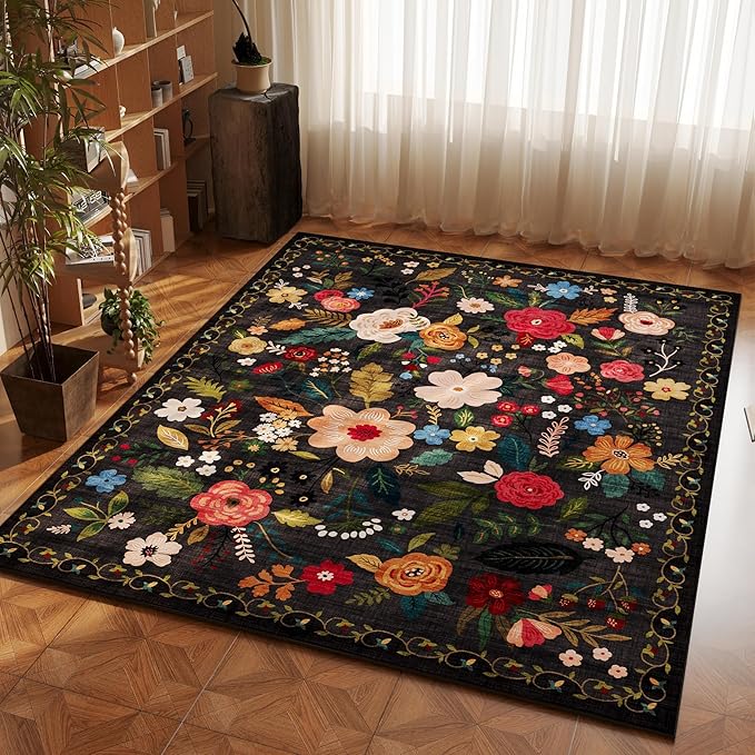 Rugcomf Area Rug 4x6 Rug Washable Boho Rugs Non Slip Low Pile Floral Small - Image 3