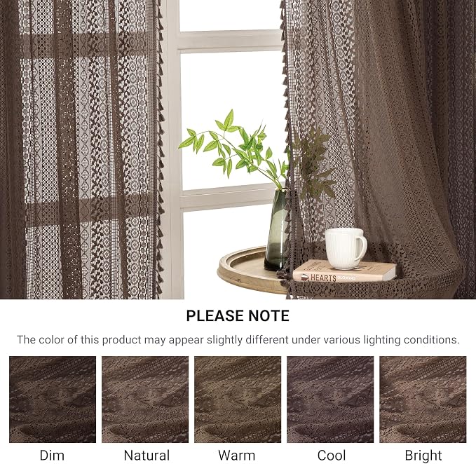 WAZZIO Boho Lace Curtains 84 Inches 2 Panel, Light Filtering Privacy Tassel & - Image 8