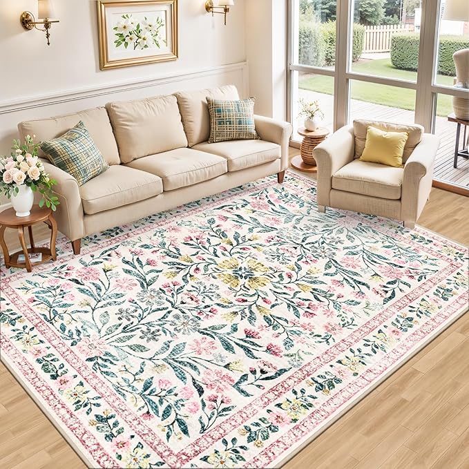 6x9 Area Rugs for Living Room: Floral Washable Rug Vintage Large Soft Boho - Image 2