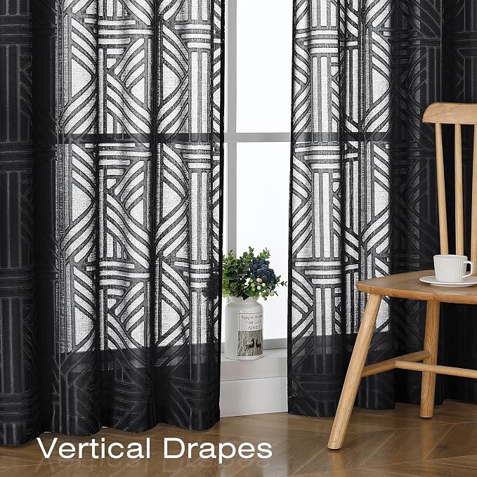 Simplebrand Semi Sheer Black Curtains 78 Inch Length 2 Panels, Geometric - Image 6