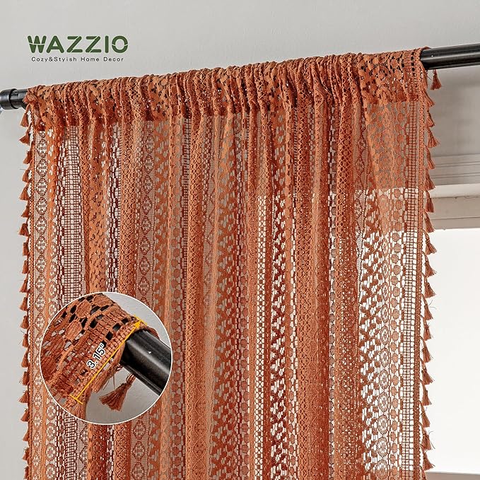 WAZZIO Boho Lace Curtains 63 Inches 2 Panel, Light Filtering Privacy Tassel & - Image 4