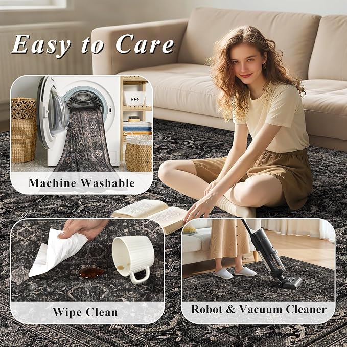Schweek 6x9 Area Rug Washable Neutral Dark Rug Non Slip - Image 7
