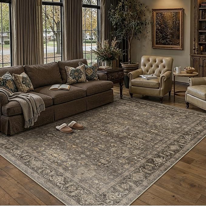 9x12 Washable Area Rug for Living Room Bedroom Vintage Brown Non Slip Carpet - Image 5