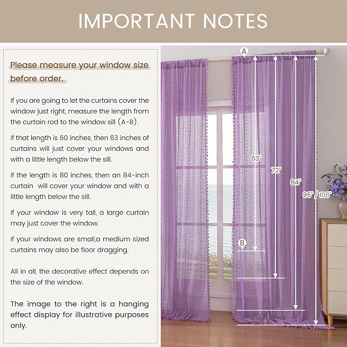 WAZZIO Boho Lace Curtains 84 Inches 2 Panel, Light Filtering Privacy Tassel & - Image 7