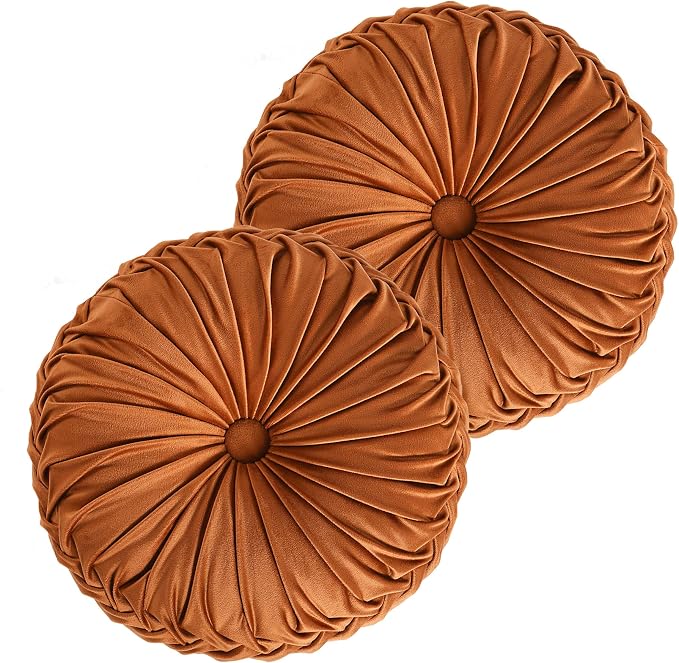 HIG Set of 2 Decorative Round Pleated Throw Pillows, Classy Accent Pumpkin by HIG