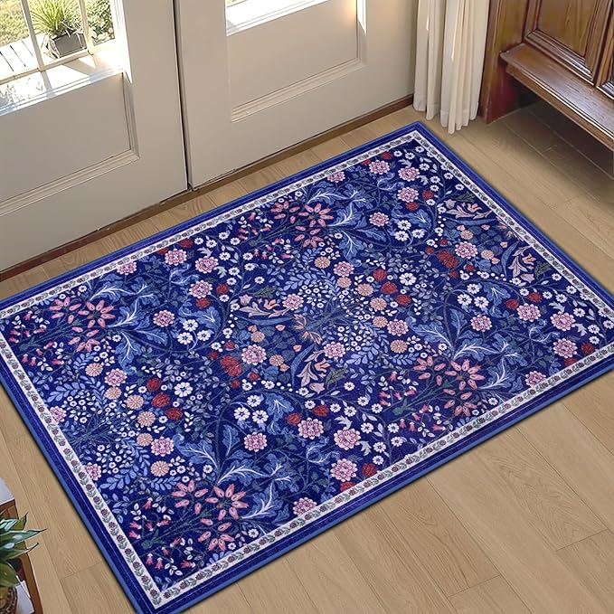 Entryway Rug 2X3 Small Rugs: Floral Washable Door Mat Vintage Soft Low Pile by PLHXFRSoftAreaRugs