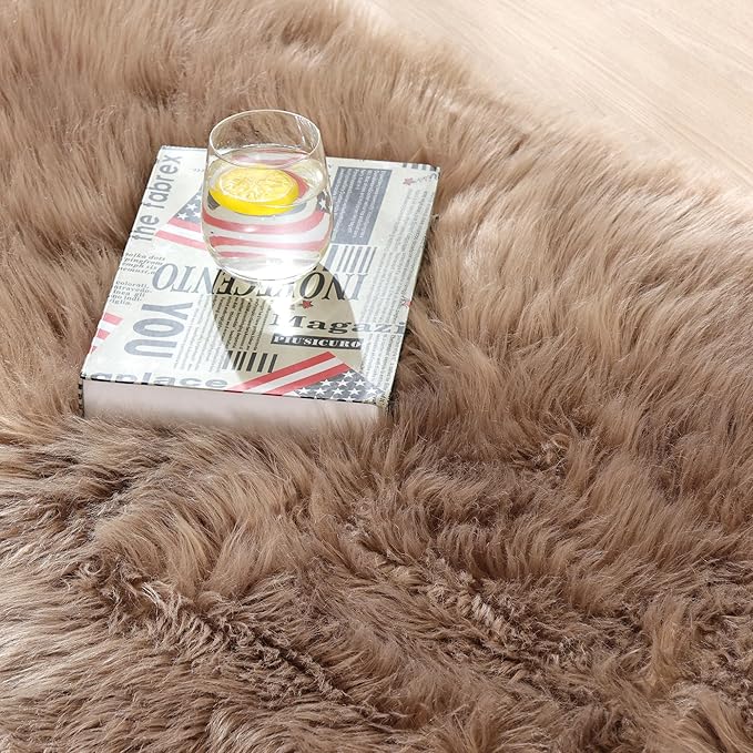 ORINOVA Beige Round Rugs 6ft Fuzzy Faux Sheepskin Washable Fluffy Fur Area Rugs - Image 4