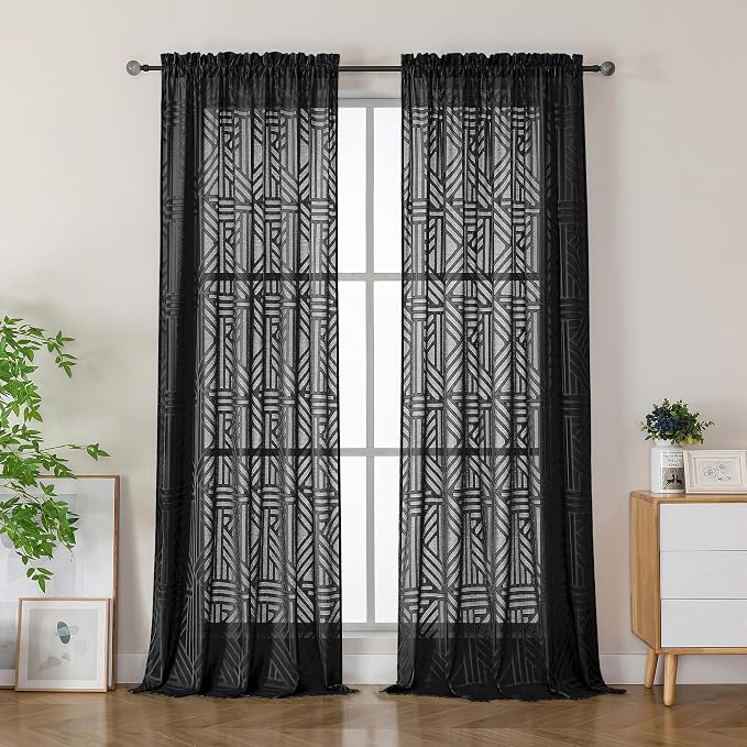 Simplebrand Semi Sheer Black Curtains 96 Inches Long 2 Panels, Light Filtering by Simplebrand