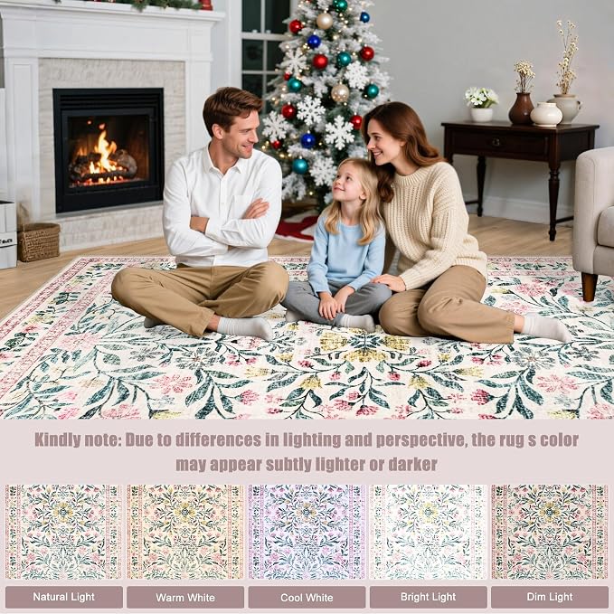 Round Area Rug for Living Room: 6 ft Floral Washable Circle Rug Soft Boho - Image 9