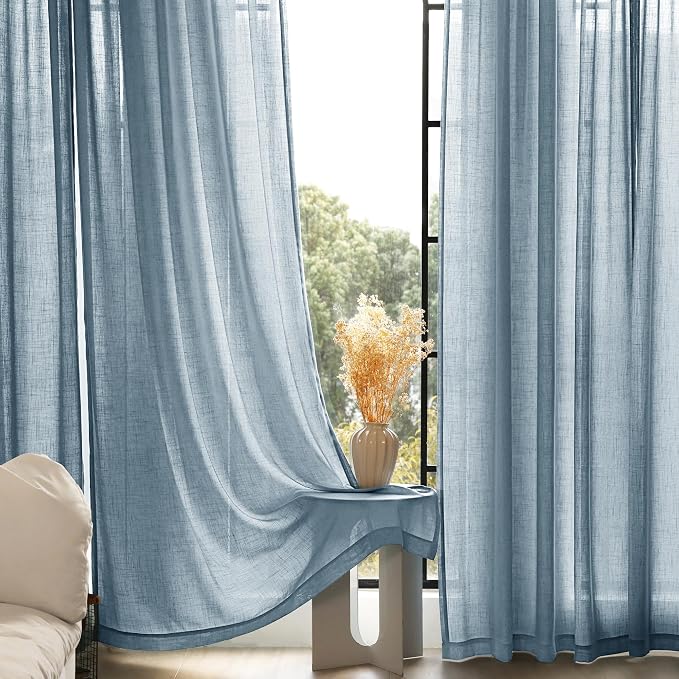 Dusty Blue Linen Curtains for Living Room Back Tab Light Filtering Semi Sheer - Image 5