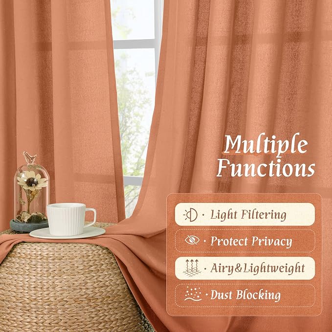 LAMIT Terracotta Linen Boho Curtains 84 inch Length 2 Panels, Light Filtering - Image 9