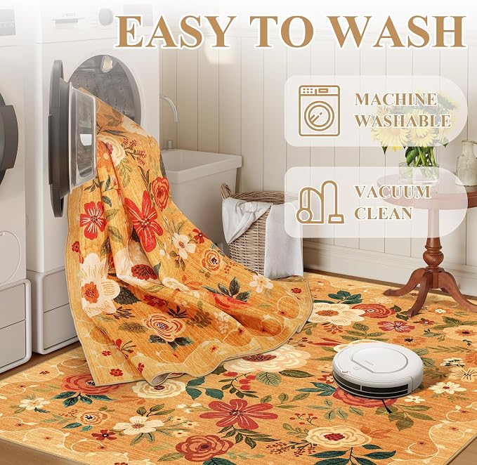 DUKINO 2x4 Entryway Rug, Floral Washable Kitchen Rugs Non Slip, Soft Indoor - Image 7