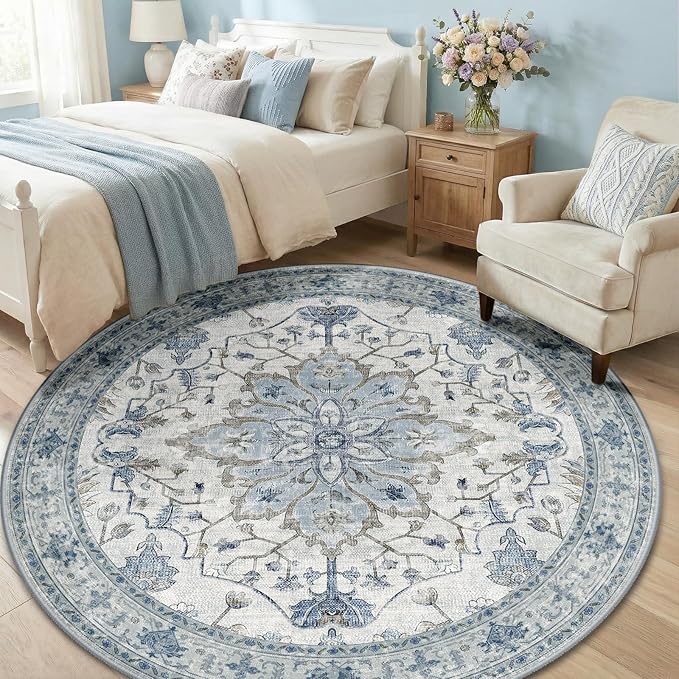 Area Rugs 6ft Washable Non-Slip, Floral Vintage Distress Print Pattern - Image 3