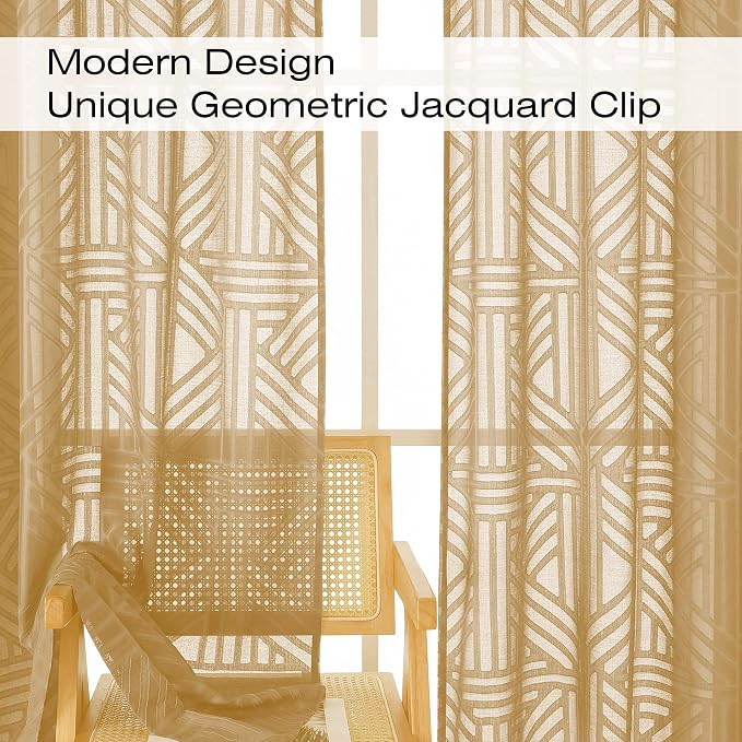 Simplebrand Gold Semi Sheer Curtains 45 Inch Length 2 Panels, Geometric - Image 3
