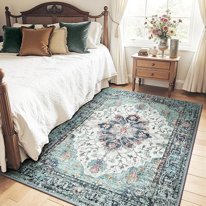 Area Rugs 5'x7' Washable Non-Slip, Floral Vintage Distress Print Pattern - Image 2