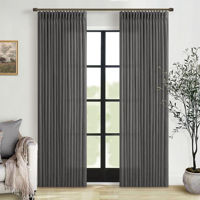 Pinch Pleat Modern Charcoal Grey Semi Sheer Thick Linen Curtains 50Wx80L | by Twodrapes