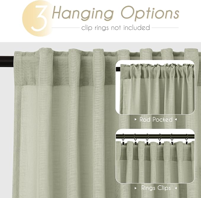 Linen Blend Sage Green Curtains 63 inch Length 2 Panels - Image 2