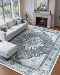 Area Rugs 9'x12' Washable Non-Slip, Floral Vintage Distress Print Pattern by RELEANY