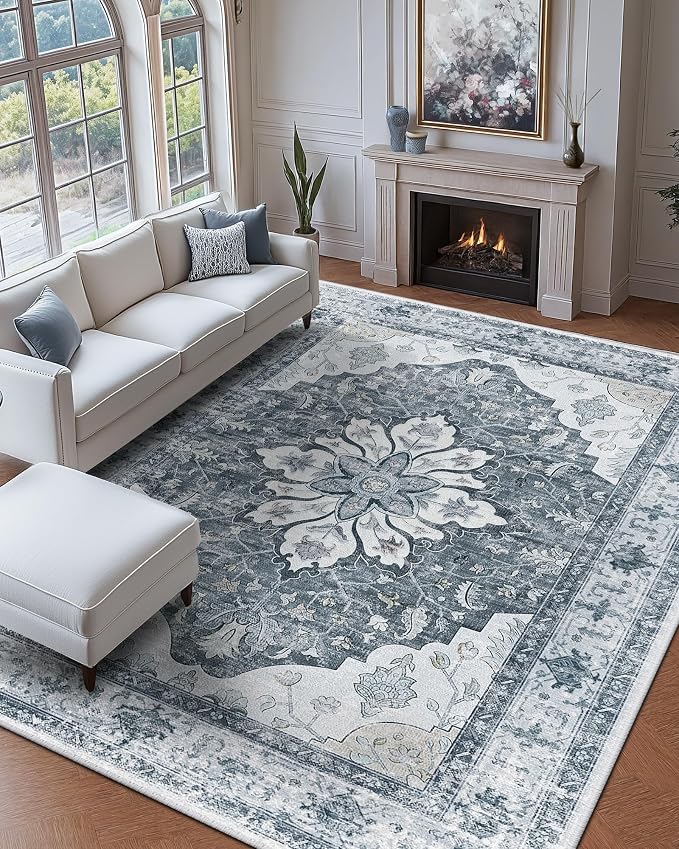 Area Rugs 9'x12' Washable Non-Slip, Floral Vintage Distress Print Pattern by RELEANY