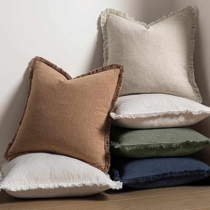 MIULEE Linen Fringe Decorative Fall Euro Throw Pillow Covers Brown 22x22 | Set - Image 5