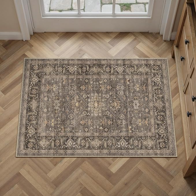 2x3 Washable Area Rug for Entryway Kitchen Vintage Brown Non Slip Low Pile Door - Image 3