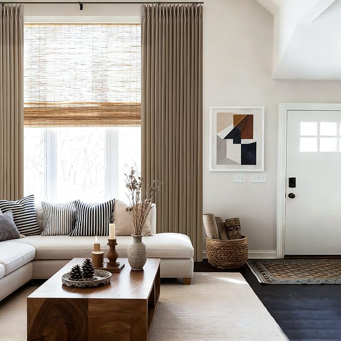 Vintage Dark Brown Pleated Linen Semi Sheer Curtains 112 Inch Long 2 Panels | - Image 8