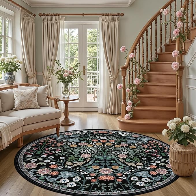 Round Area Rug for Living Room: 6 ft Floral Washable Circle Rug Soft Boho - Image 2