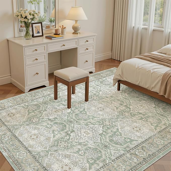 Soalmost 5x7 Area Rugs Green/Brown Low Pile Indoor Washable Trendy Faded Style - Image 4