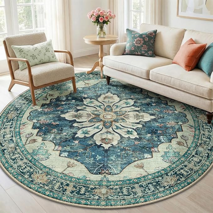 RELEANY Area Rugs 6ft Washable Non-Slip, Floral Vintage Distress Print Pattern by RELEANY