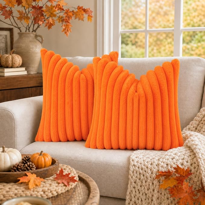 decorUhome Fall Faux Fur Throw Pillow Covers 12x20 Set of 2 Orange | Decorative - Image 7
