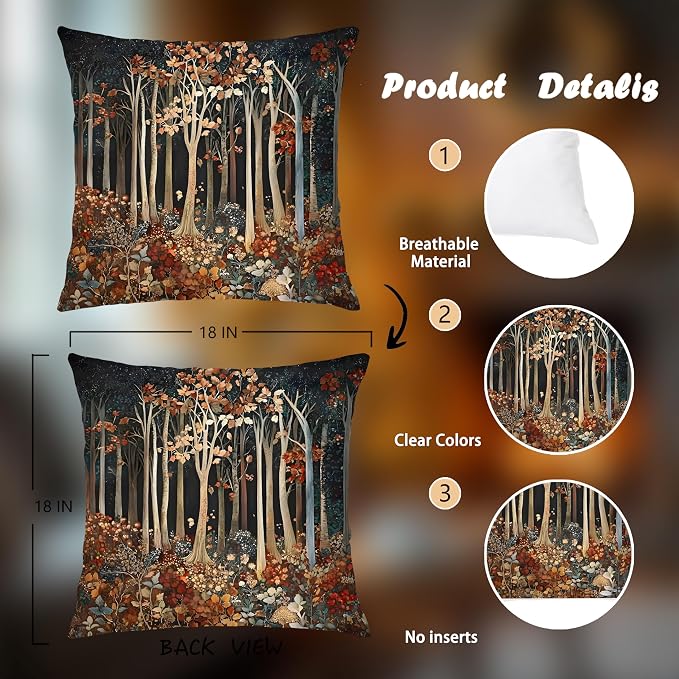 Rustic William Morris Inspired Autumn Forest Decor Throw Pillow Covers 18x18 - Image 2