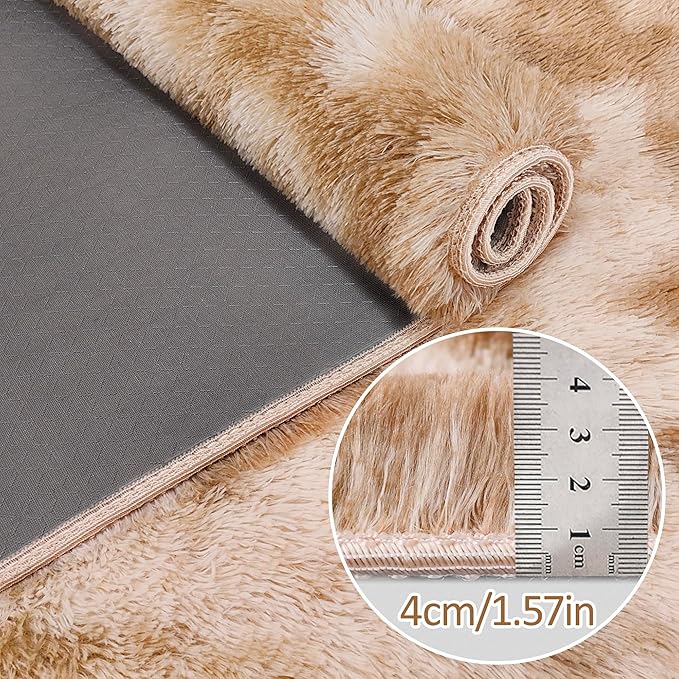 Super Soft Fluffy Living Room Area Rugs 2x6 ft Tie-Dyed Beige Shaggy Furry - Image 5