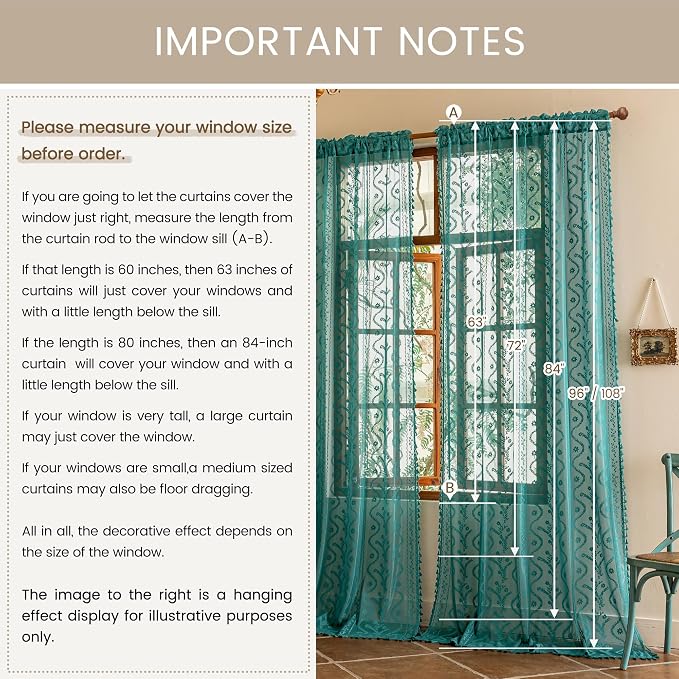 WAZZIO Boho Lace Curtains 2 Panels 45 Inch -Victorian Sheer Panel Drape French - Image 7