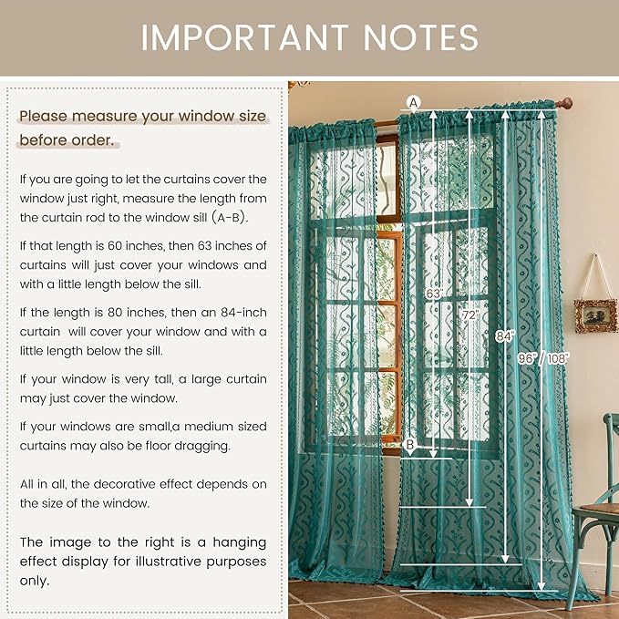 WAZZIO Boho Lace Curtains 2 Panels 63 Inch -Victorian Sheer Panel Drape French - Image 8
