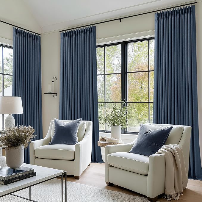 Navy Pinch Pleated Blackout Linen 102 Inch Dual Layer Curtains 2 Panels Set | - Image 7