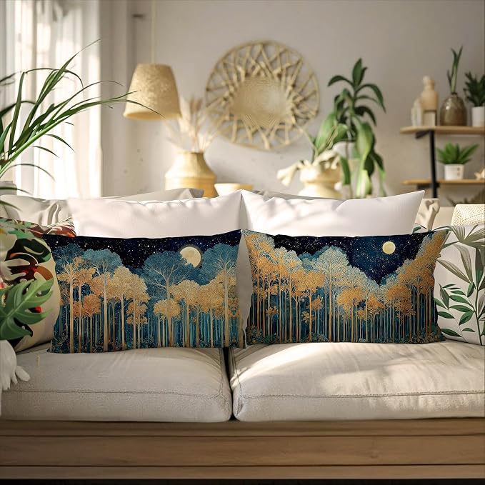Rustic William Morris Inspired Gold Forest Moon Pillow Covers 12x20 Set of 2 - Image 4