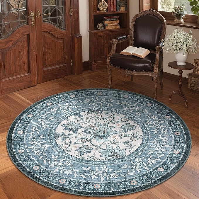 GarveeHome Misty Blue Botanical Grove 6ft Round Rug, Small Circle Vintage - Image 2