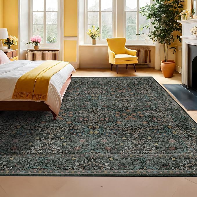 Vintage Dark Green Living Room Rug, 8x10 Washable Area Rugs - Image 4