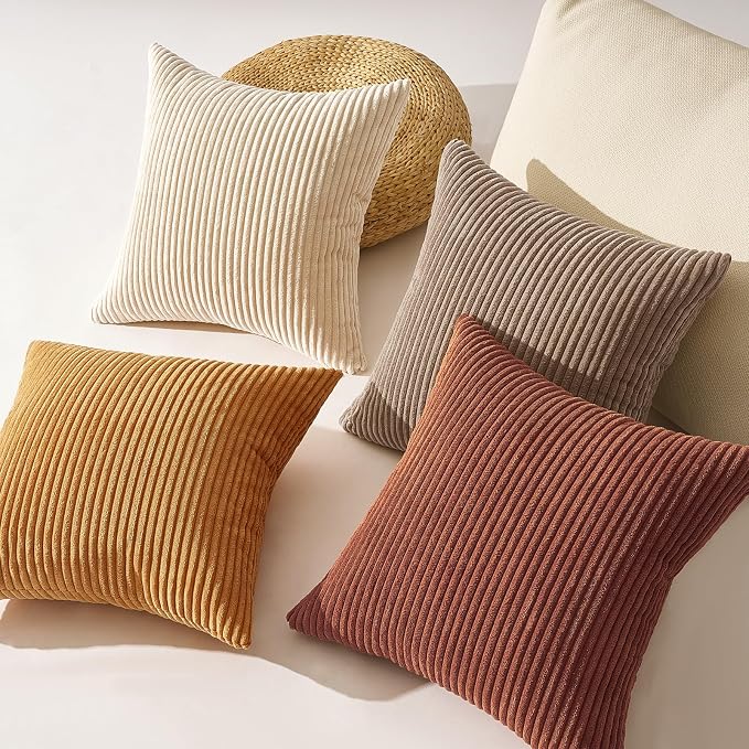 Topfinel Yellow Brown Throw Pillow Covers Rustic Modern Soft Corduroy Striped - Image 5